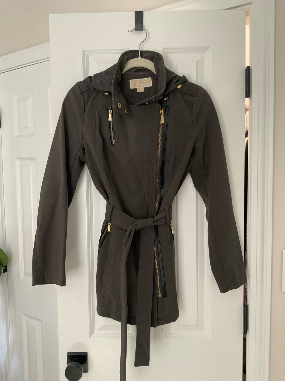 Michael Kors grey Hooded Belted Trench Coat with Gold Hardware